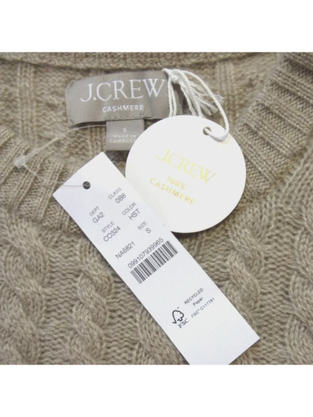 NWT J.Crew Perfect Cashmere Cable-knit Crewneck Sweater in Heather Stone S